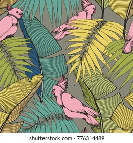 Tropical plants and parrots. Vector seamless pattern for design of surfaces, textiles, wallpaper