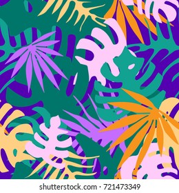 Tropical Plants Pattern. Exotic Colorful Fern Leaves. Seamless Vector Background