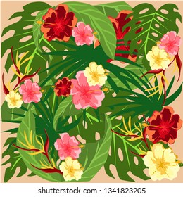Tropical plants pattern. Hibiscus flowers, palm leaves on light orange background. Hawaiian pattern vector illustration
