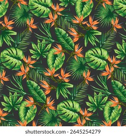 Plantas tropicais em um padrão.Vetor padrão sem emenda com vegetação tropical em um fundo cinza.