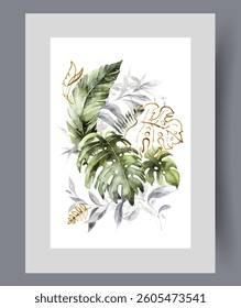 Tropical plants with petals of herbs and bushes growing in southern jungle on wall art. Watercolor artwork. Print with thickets of tropical plants from hot island, in frame with decor for poster