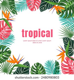 Plantilla de póster de plantas tropicales con fondo floral de Vector para pósters, Anuncios, volantes, invitaciones.