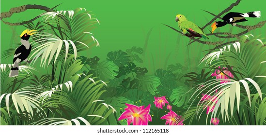 tropical plants and red flowers (vector jungle plants)