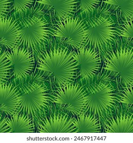 Tropische Pflanzen wiederholen den Hintergrund. In: Amazon Rainforest Vektorillustration. Sommer frisches nahtloses Muster. Exotische tropische Palme hinterlässt Vorlage Bildschirmhintergrund. Hawaii grüne Laub-Kulisse. Helle Farben