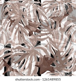 Tropical Plants. Repeatable Illustration. Summer Design for Swimwear. Exotic Palm Greenery Backdrop. Vector Tropical Plants Print.