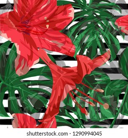 Tropical Plants. Seamless Illustration. Summer Design for Swimwear. Exotic Palm Greenery Backdrop. Vector Tropical Plants Print.