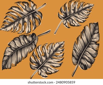 Tropical plants seamless pattern, Adam's rib leaf and banana leaf, yellow background, vector illustration.