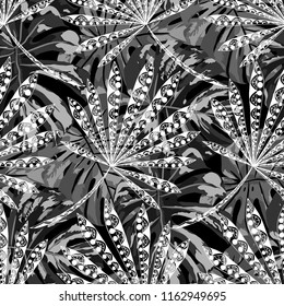 Tropical Plants. Seamless Pattern with Australian Jungle. Vintage Black and White Texture for Wallpaper, Swimwear, Underwear. Vector Tropical Pattern.