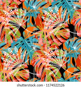 Tropical Plants. Seamless Pattern with Australian Jungle. Trendy Colorful Texture for Print, Swimwear, Underwear. Vector Tropical Pattern.