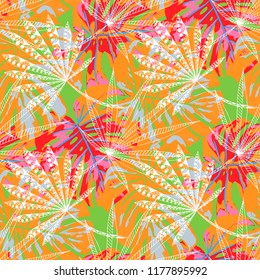 Tropical Plants. Seamless Pattern with Australian Rainforest. Trendy Colorful Texture for Fabric, Textile, Linen. Vector Tropical Pattern.