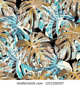 Tropical Plants. Seamless Pattern with Australian Jungle. Trendy Colorful Texture for Fabric, Textile, Linen. Vector Tropical Pattern.