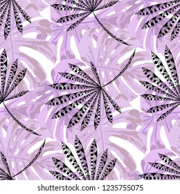 Tropical Plants. Seamless Pattern with Australian Jungle. Retro Colorful Texture for Print, Textile, Linen. Vector Tropical Pattern.