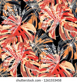 Tropical Plants. Seamless Pattern with Australian Rainforest. Trendy Colorful Texture for Paper, Swimwear, Textile. Vector Tropical Pattern.