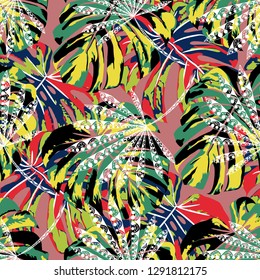 Tropical Plants. Seamless Pattern with Australian Jungle. Trendy Colorful Texture for Paper, Swimwear, Textile. Vector Tropical Pattern.