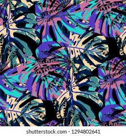 Tropical Plants. Seamless Pattern with Australian Jungle. Trendy Colorful Texture for Fabric, Wallpaper, Linen. Vector Tropical Pattern.