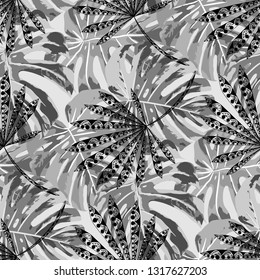 Tropical Plants. Seamless Pattern with Australian Rainforest. Modern Black and White Texture for Fabric, Wallpaper, Linen. Vector Tropical Pattern.