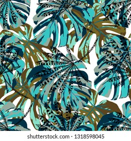 Tropical Plants. Seamless Pattern with Australian Rainforest. Vintage Colorful Texture for Paper, Swimwear, Textile. Vector Tropical Pattern.