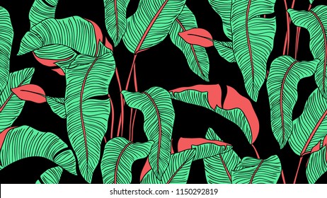 Tropical plants seamless pattern, Bird of paradise on black background