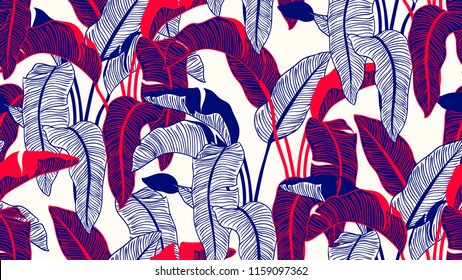 Tropical plants seamless pattern, Bird of paradise on light brown background, line art ink drawing in blue and red tones