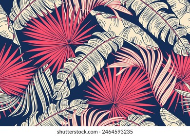 Tropical plants seamless pattern, bonan leaves, palm trees on a blue background, blue and pink tones. Vector illustration