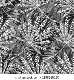 Tropical Plants. Seamless Pattern with Brasilian Jungle. Vintage Black and White Texture for Fabric, Wallpaper, Linen. Vector Tropical Pattern.
