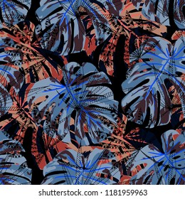 Tropical Plants. Seamless Pattern with Brasilian Rainforest. Vintage Colorful Texture for Paper, Swimwear, Cloth. Vector Tropical Pattern.