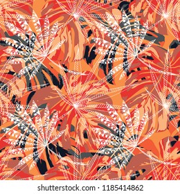 Tropical Plants. Seamless Pattern with Brasilian Jungle. Trendy Colorful Texture for Fabric, Wallpaper, Linen. Vector Tropical Pattern.