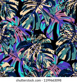 Tropical Plants. Seamless Pattern with Brasilian Rainforest. Retro Colorful Texture for Print, Textile, Underwear. Vector Tropical Pattern.