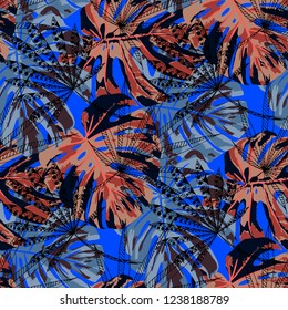 Tropical Plants. Seamless Pattern with Brasilian Jungle. Modern Colorful Texture for Wallpaper, Swimwear, Underwear. Vector Tropical Pattern.