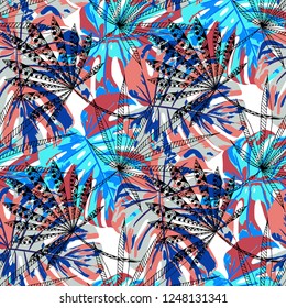 Tropical Plants. Seamless Pattern with Brasilian Rainforest. Retro Colorful Texture for Dress, Curtain, Cloth. Vector Tropical Pattern.