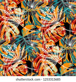 Tropical Plants. Seamless Pattern with Brasilian Rainforest. Modern Colorful Texture for Fabric, Wallpaper, Textile. Vector Tropical Pattern.