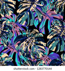 Tropical Plants. Seamless Pattern with Brasilian Rainforest. Retro Colorful Texture for Print, Textile, Underwear. Vector Tropical Pattern.