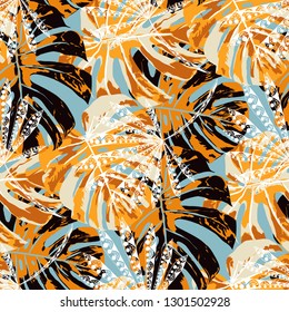 Tropical Plants. Seamless Pattern with Brasilian Rainforest. Retro Colorful Texture for Paper, Swimwear, Textile. Vector Tropical Pattern.