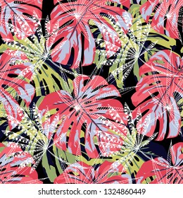 Tropical Plants. Seamless Pattern with Brasilian Jungle. Modern Colorful Texture for Paper, Swimwear, Textile. Vector Tropical Pattern.