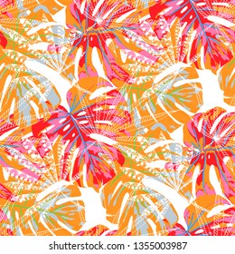Tropical Plants. Seamless Pattern with Brasilian Jungle. Retro Colorful Texture for Paper, Swimwear, Textile. Vector Tropical Pattern.