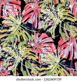 Tropical Plants. Seamless Pattern with Brasilian Jungle. Modern Colorful Texture for Dress, Curtain, Cloth. Vector Tropical Pattern.