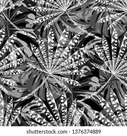 Tropical Plants. Seamless Pattern with Brasilian Jungle. Trendy Black and White Texture for Paper, Wallpaper, Textile. Vector Tropical Pattern.