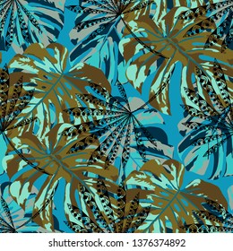 Tropical Plants. Seamless Pattern with Brasilian Jungle. Vintage Colorful Texture for Wallpaper, Swimwear, Underwear. Vector Tropical Pattern.