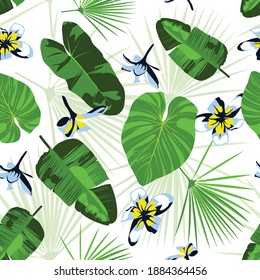 Patrón sin fisuras de las plantas tropicales. Hojas de jardín de selva exótica y flores que repiten impresión para fondo, papel pintado, embalaje, diseño textil ilustración vectorial