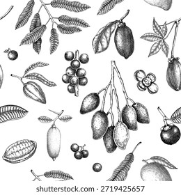 Tropical plants seamless pattern. Exotic fruit and palm leaves hand drawn vector illustrations. Botanical background. NOT AI generated