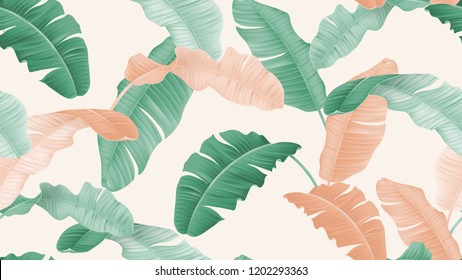 Tropical plants seamless pattern, green and orange banana leaves on light brown background, pastel vintage theme