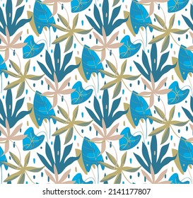 Plantas tropicales de patrón sin fisuras, selva interior dibujada a manoPaleta de color beige azul, fondo blanco. Vector 