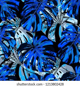Tropical Plants. Seamless Pattern with Hawaiian Jungle. Modern Colorful Texture for Paper, Swimwear, Textile. Vector Tropical Pattern.
