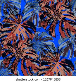 Tropical Plants. Seamless Pattern with Hawaiian Jungle. Trendy Colorful Texture for Print, Textile, Underwear. Vector Tropical Pattern.