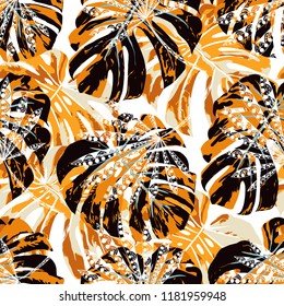 Tropical Plants. Seamless Pattern with Indian Jungle. Trendy Colorful Texture for Wallpaper, Swimwear, Underwear. Vector Tropical Pattern.