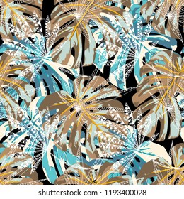 Tropical Plants. Seamless Pattern with Indian Rainforest. Vintage Colorful Texture for Print, Textile, Underwear. Vector Tropical Pattern.