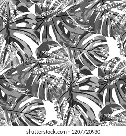 Tropical Plants. Seamless Pattern with Indian Rainforest. Trendy Black and White Texture for Print, Textile, Underwear. Vector Tropical Pattern.