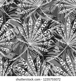 Tropical Plants. Seamless Pattern with Indian Jungle. Modern Black and White Texture for Fabric, Wallpaper, Textile. Vector Tropical Pattern.