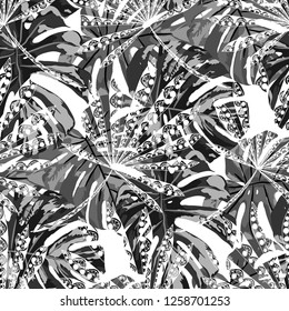 Tropical Plants. Seamless Pattern with Indian Rainforest. Modern Black and White Texture for Fabric, Wallpaper, Textile. Vector Tropical Pattern.