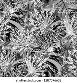 Tropical Plants. Seamless Pattern with Indian Jungle. Modern Black and White Texture for Dress, Curtain, Cloth. Vector Tropical Pattern.